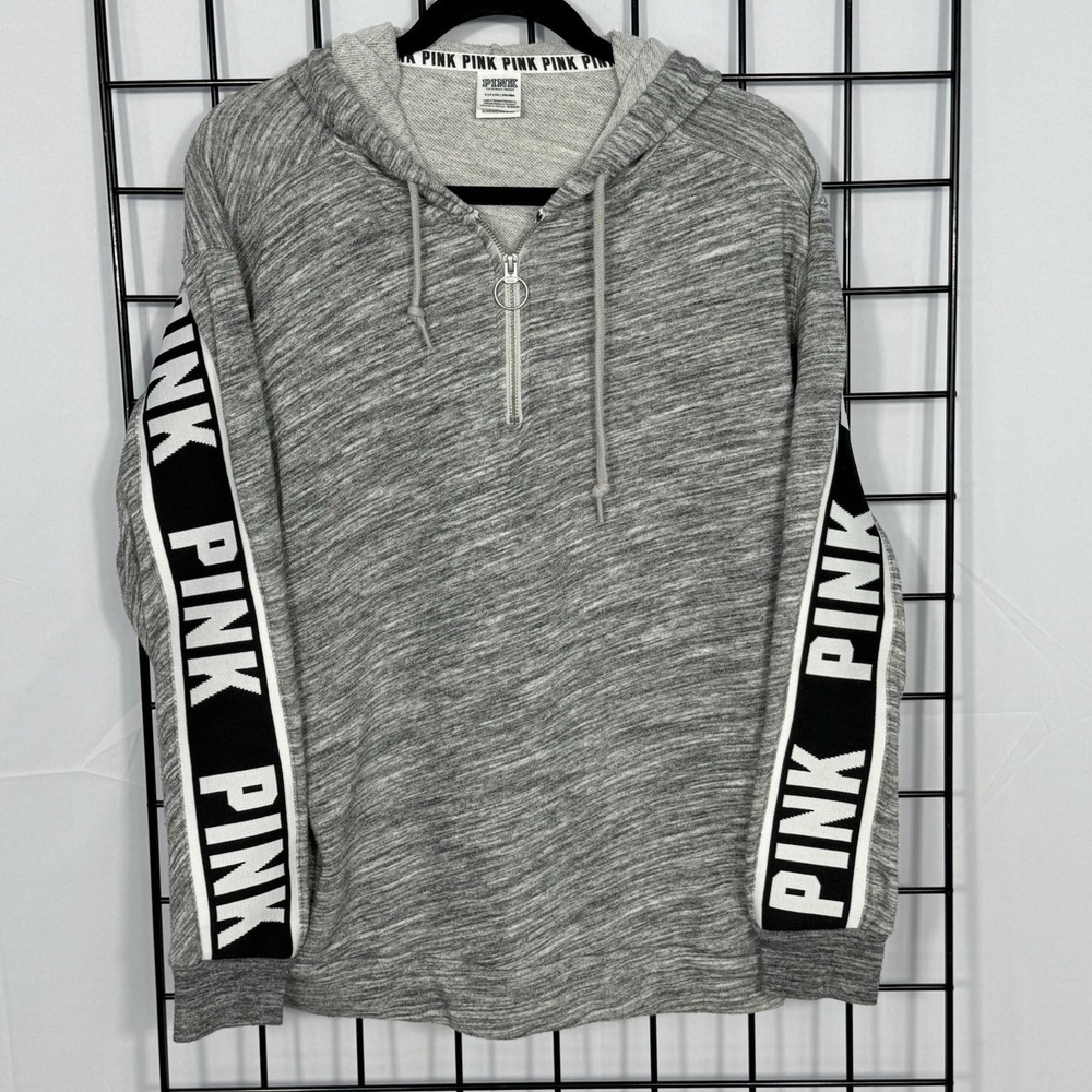 Victoria's Secret PINK 1/4 Zip Pullover Sweatshirt Womens‎ S Small Gray Dog Logo
